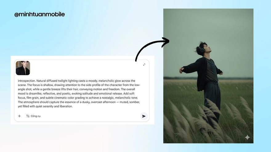 Tạo ảnh Cinematic siêu chill dưới cánh đồng với Gemini