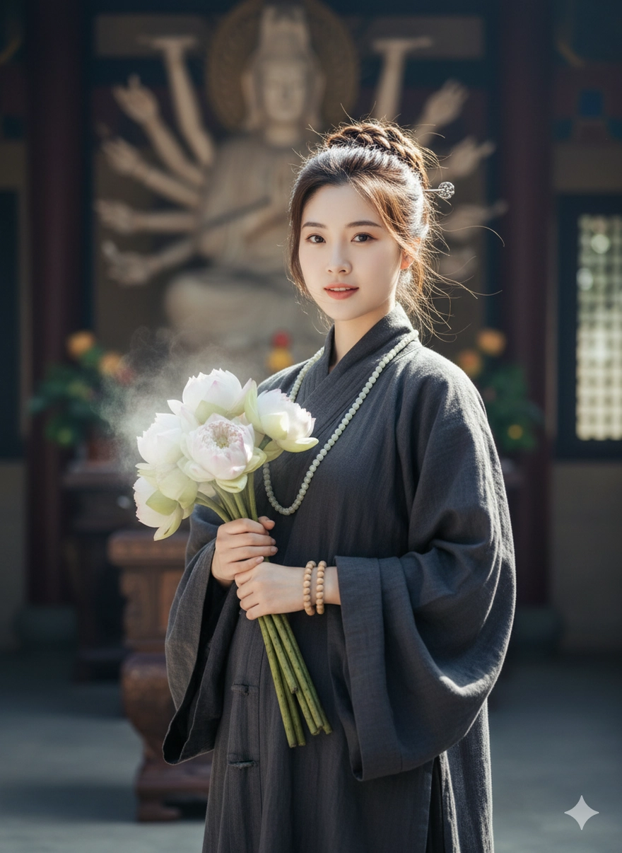 Câu lệnh AI tạo ảnh mặc áo tràng đi chùa thanh tịnh