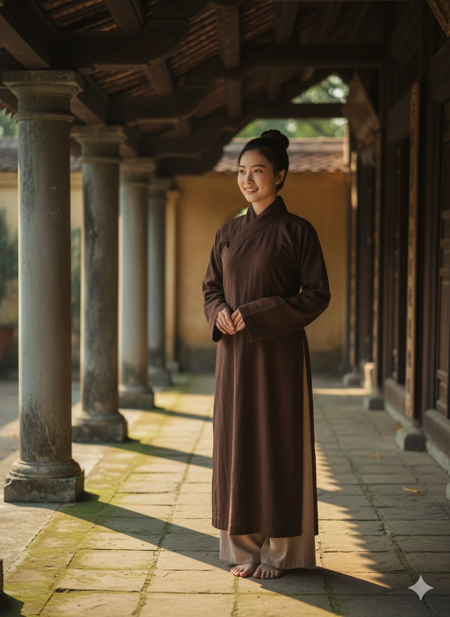 Câu lệnh AI tạo ảnh mặc áo tràng đi chùa thanh tịnh