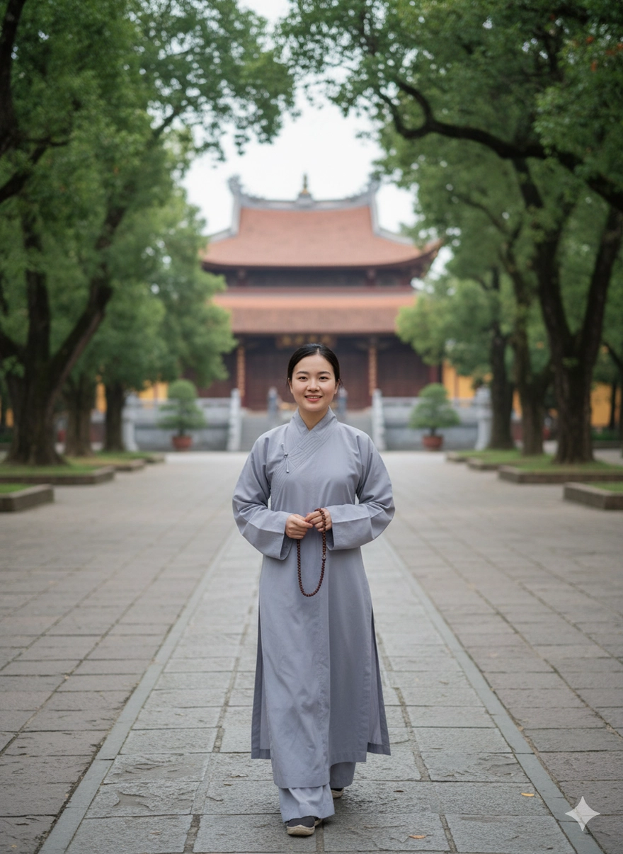 Câu lệnh AI tạo ảnh mặc áo tràng đi chùa thanh tịnh