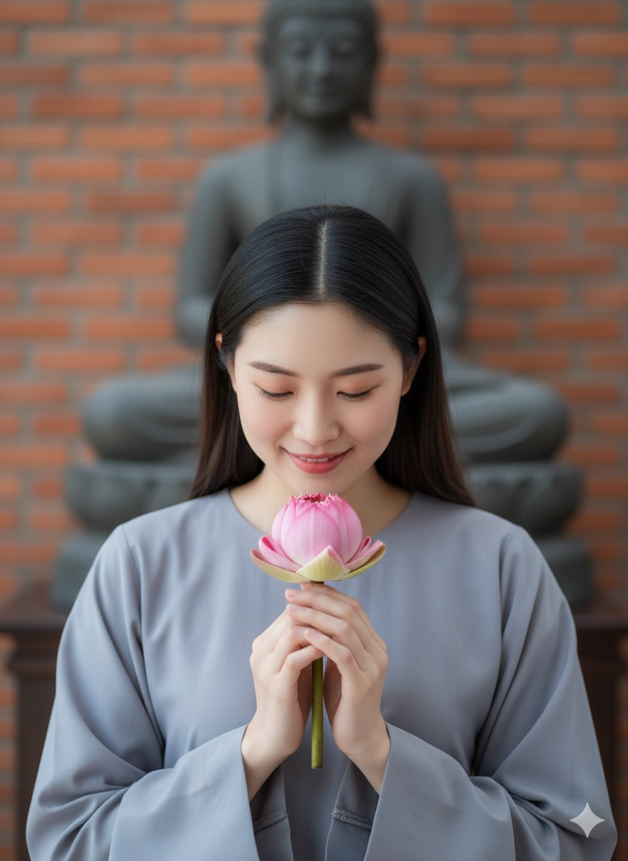 Câu lệnh AI tạo ảnh mặc áo tràng đi chùa thanh tịnh