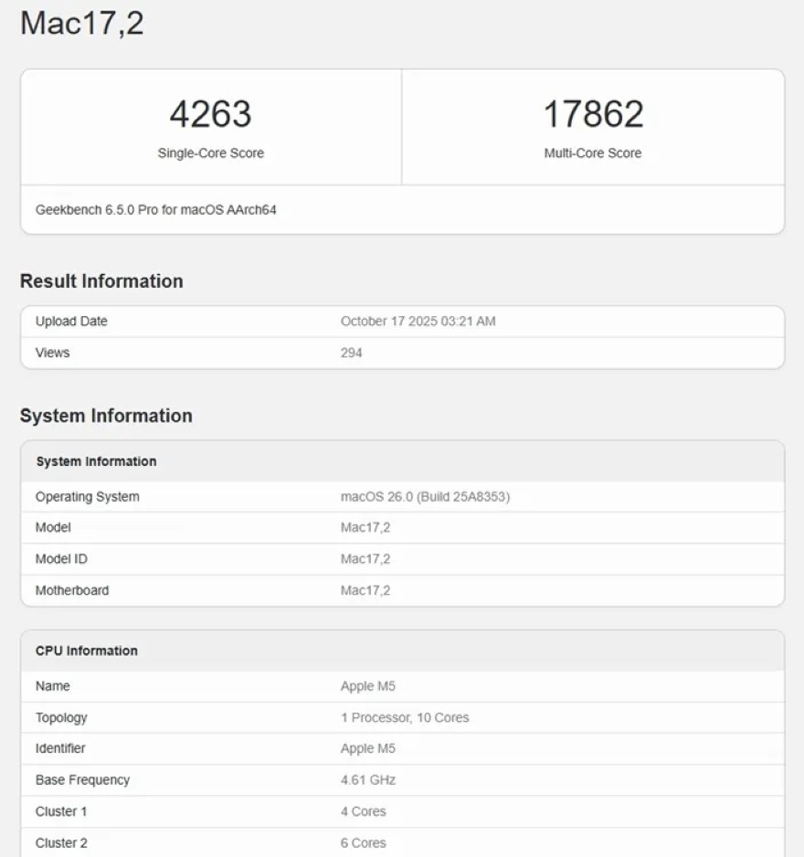 Apple M5 phá kỷ lục Geekbench