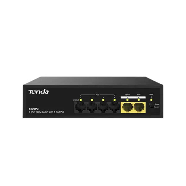 Switch Tenda 4-Port PoE công suất 45W, 2-Port Uplink S106PC