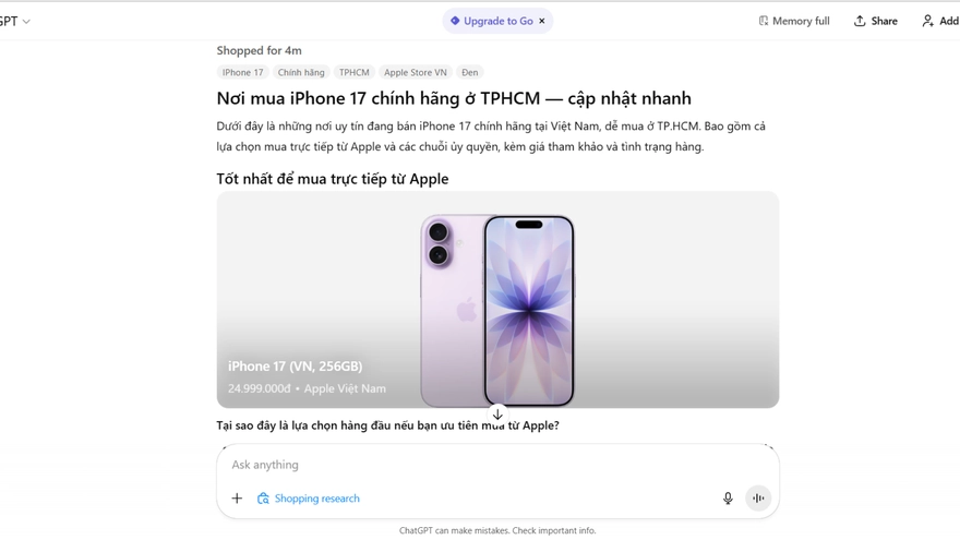 Người dùng có thể tra cứu mua sắm trực tiếp trên ChatGPT