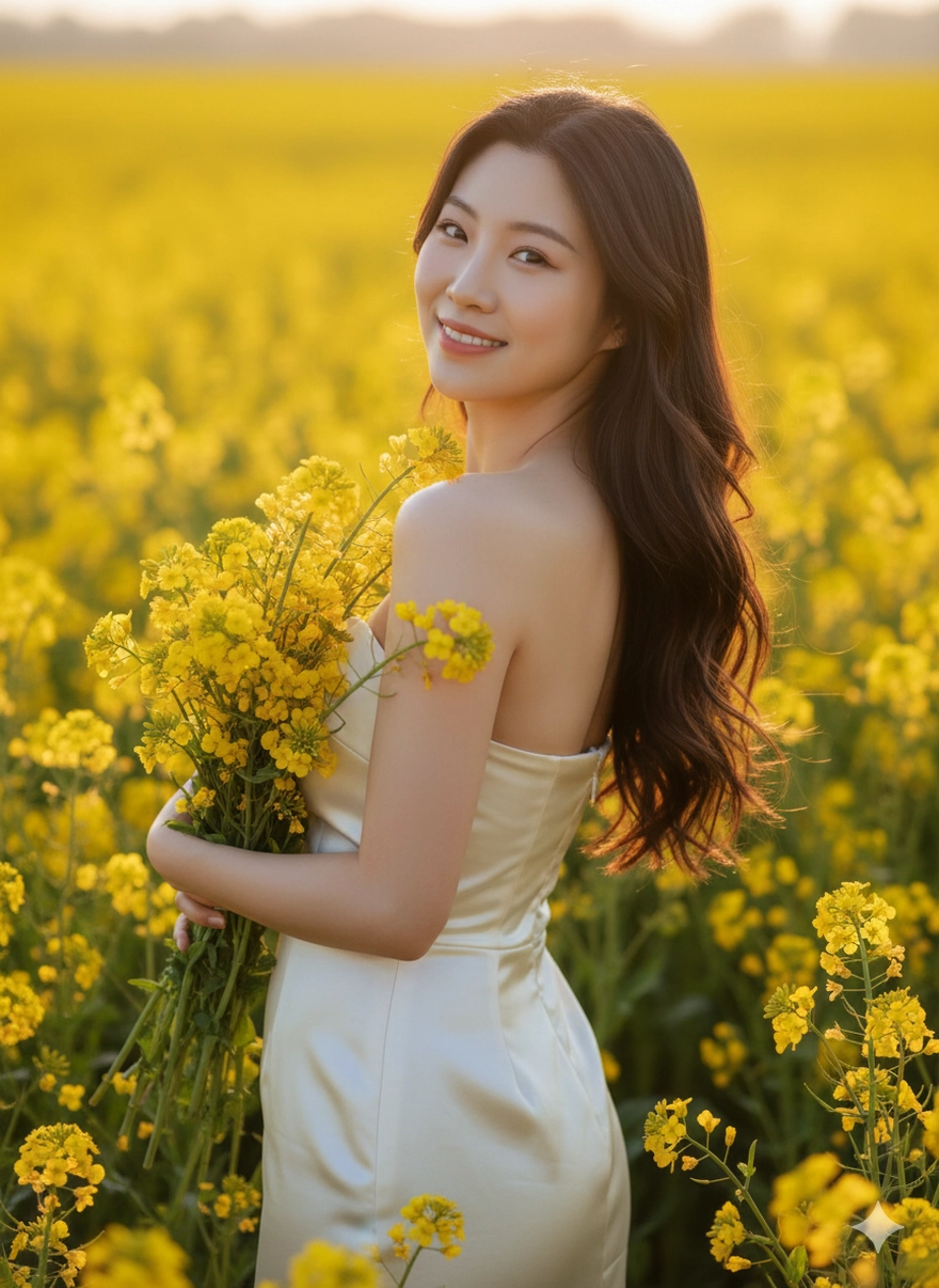 Câu lệnh Gemini tạo ảnh nàng thơ bên hoa vàng rực rỡ