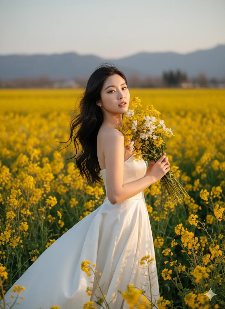 Câu lệnh Gemini tạo ảnh nàng thơ bên hoa vàng rực rỡ