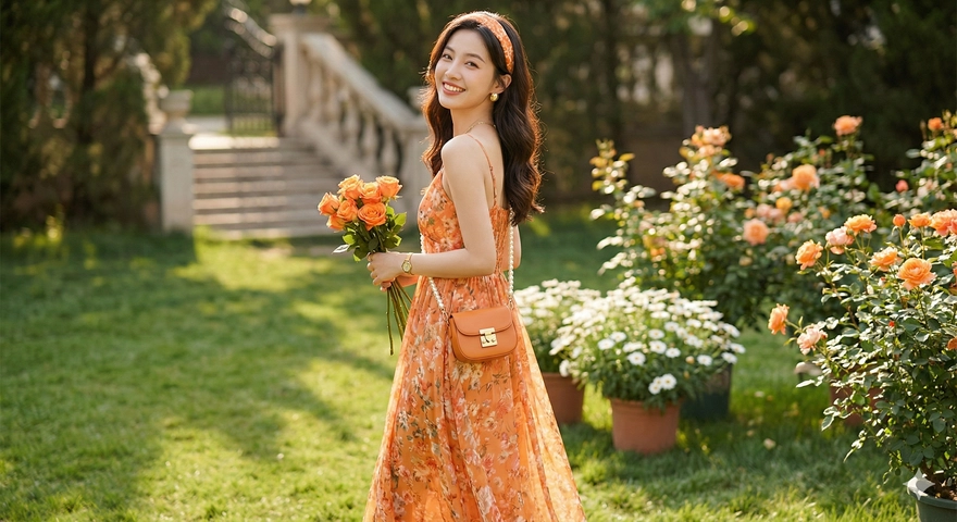 Câu lệnh AI tạo ảnh nàng thơ tràn ngập sắc cam rực rỡ