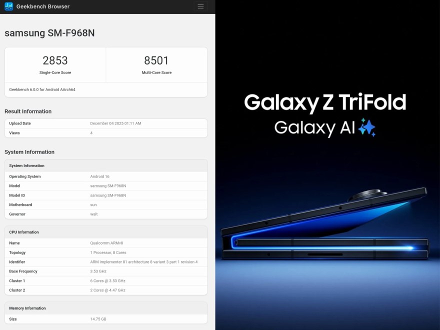 Galaxy Z TriFold lộ điểm Geekbench