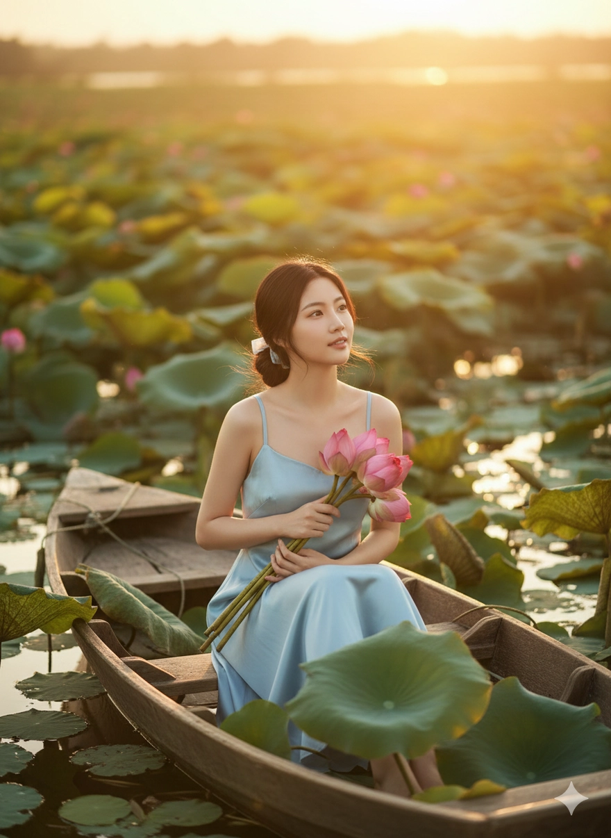 Câu lệnh Gemini tạo bộ ảnh bên đóa sen đẹp hút hồn
