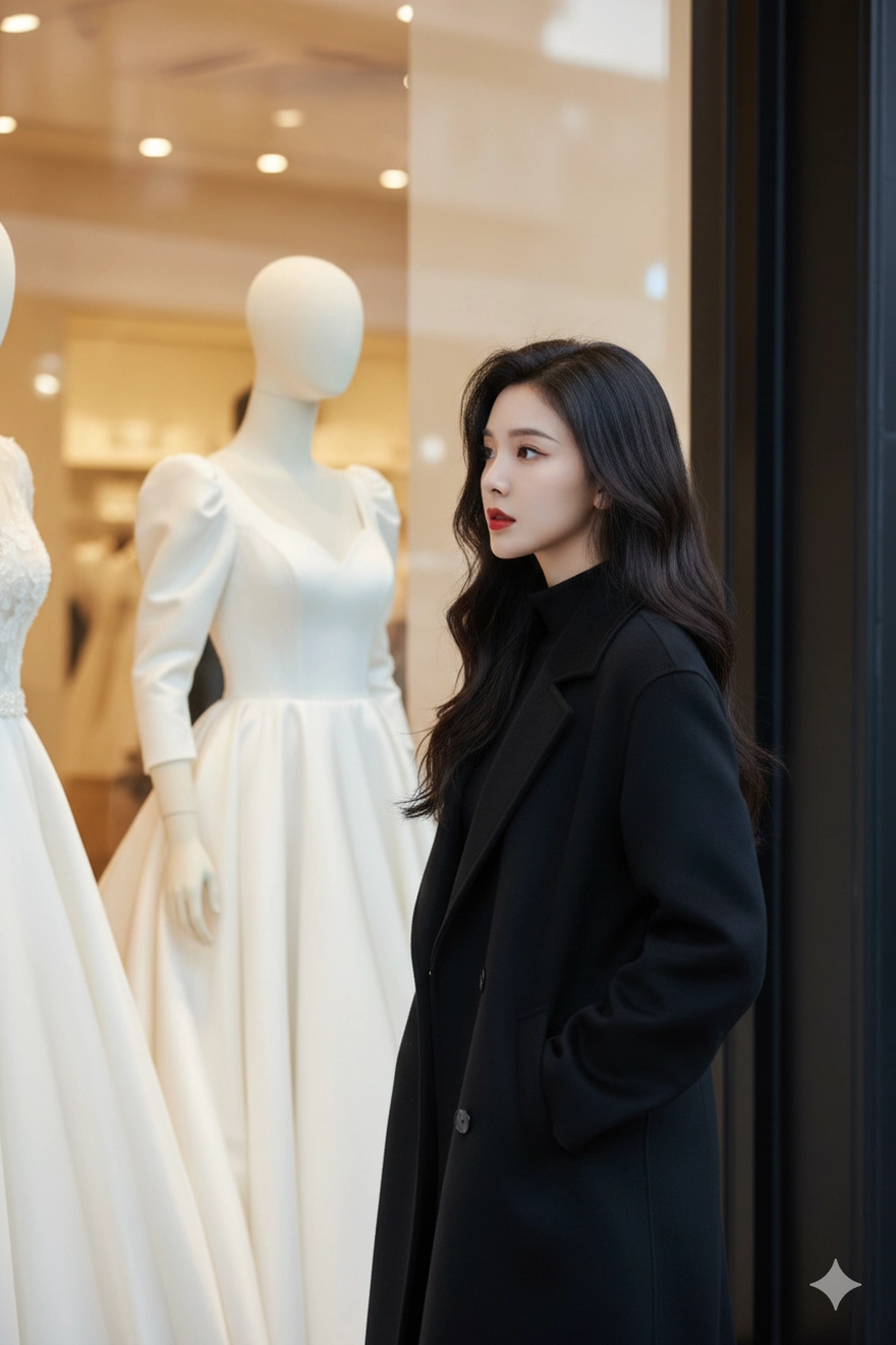 Câu lệnh Gemini tạo ảnh cô gái đứng trước bộ váy cưới