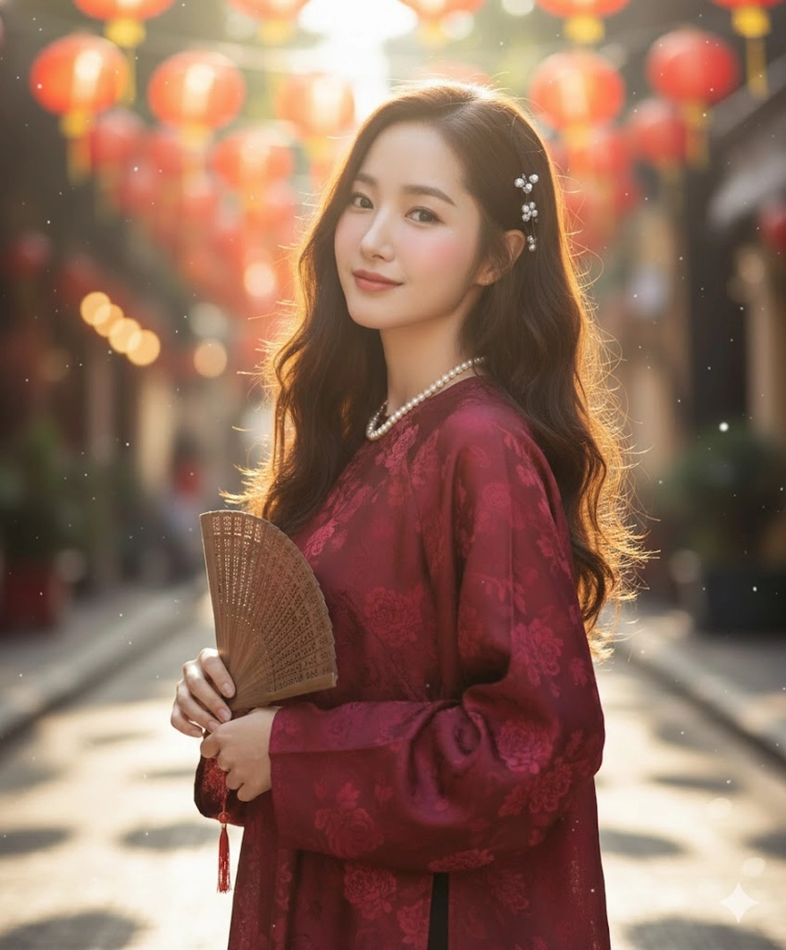 Cách tạo ảnh áo dài đỏ gấm đón Tết bằng Gemini AI đẹp mê ly