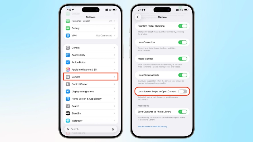 Cách chặn camera trên màn hình khóa iPhone iOS 26