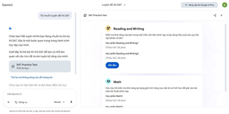 Google Gemini cung cấp đề thi thử SAT miễn phí cho học sinh