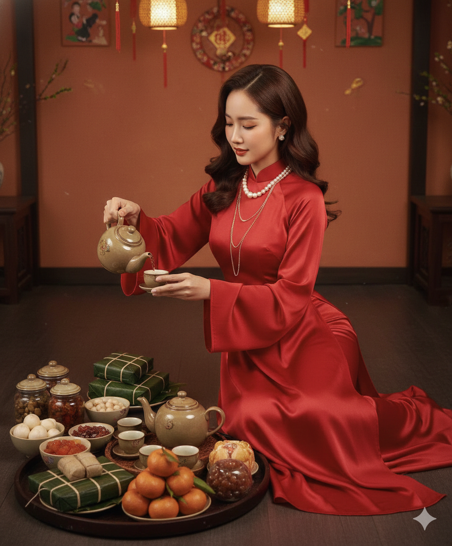 Prompt Gemini AI: Áo dài đỏ, hoa đào và mâm cổ chuẩn Tết