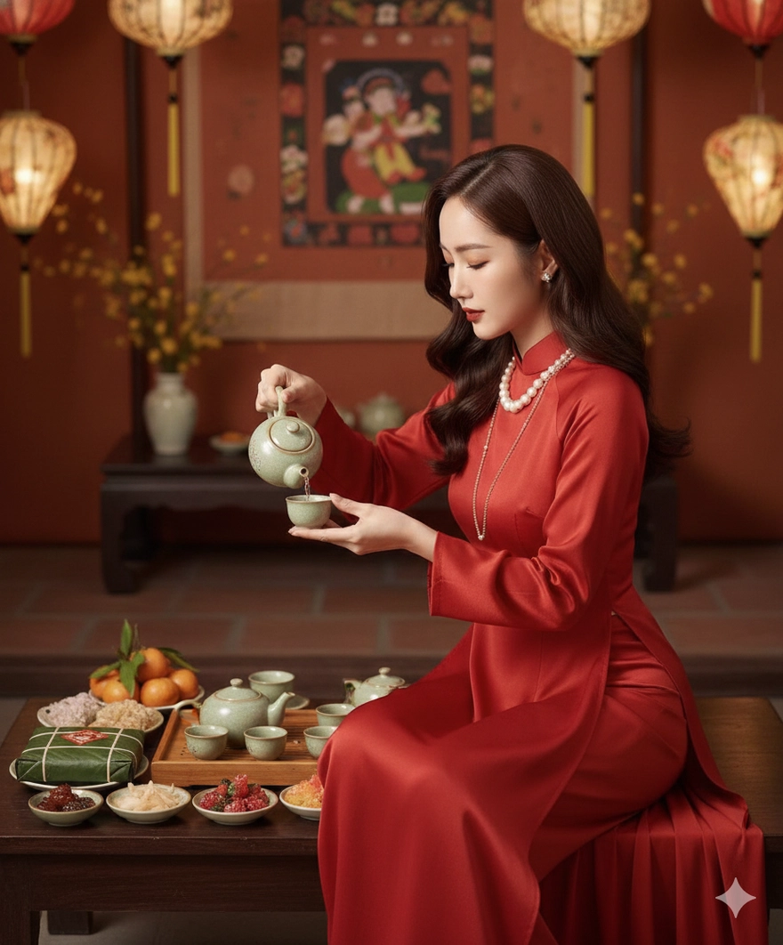 Prompt Gemini AI: Áo dài đỏ, hoa đào và mâm cổ chuẩn Tết