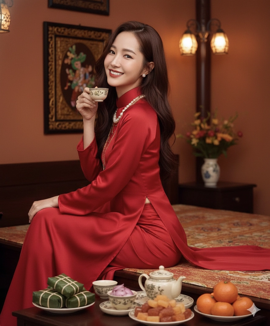 Prompt Gemini AI: Áo dài đỏ, hoa đào và mâm cổ chuẩn Tết