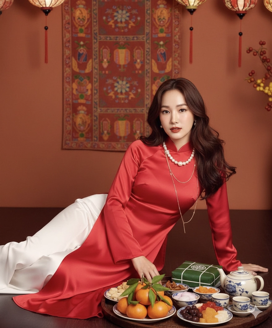 Prompt Gemini AI: Áo dài đỏ, hoa đào và mâm cổ chuẩn Tết