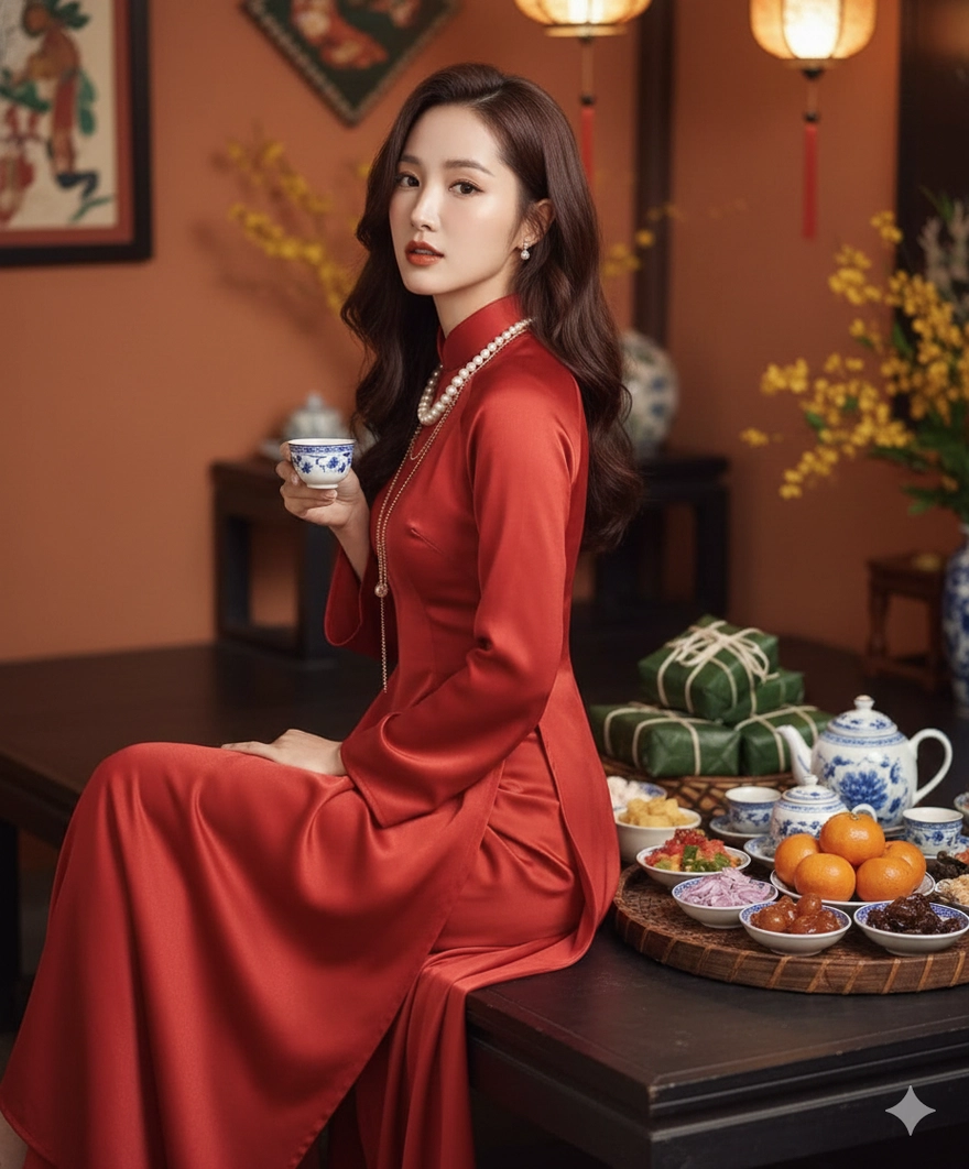 Prompt Gemini AI: Áo dài đỏ, hoa đào và mâm cổ chuẩn Tết