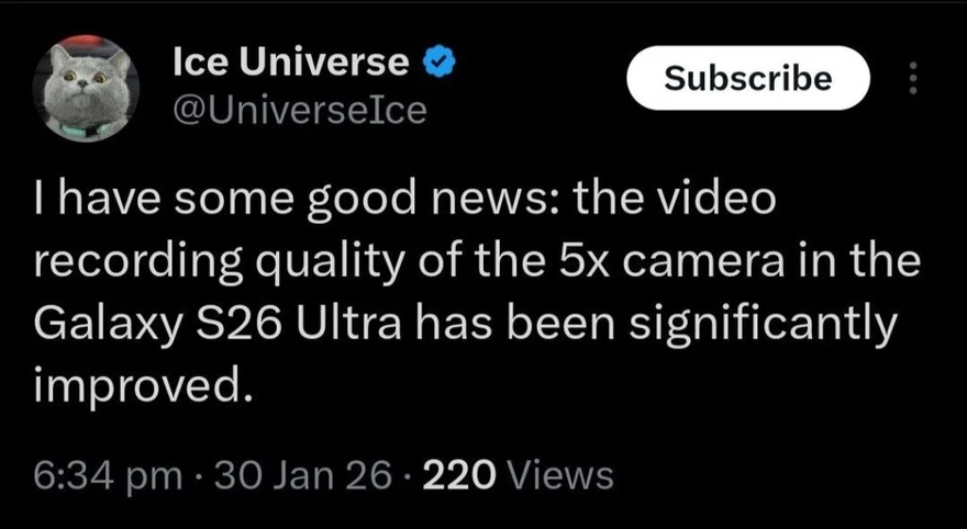 Galaxy S26 Ultra sắp có camera zoom 5x quay video siêu nét