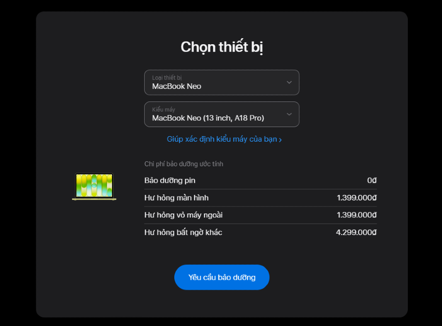 Chi phí bảo dưỡng MacBook Neo