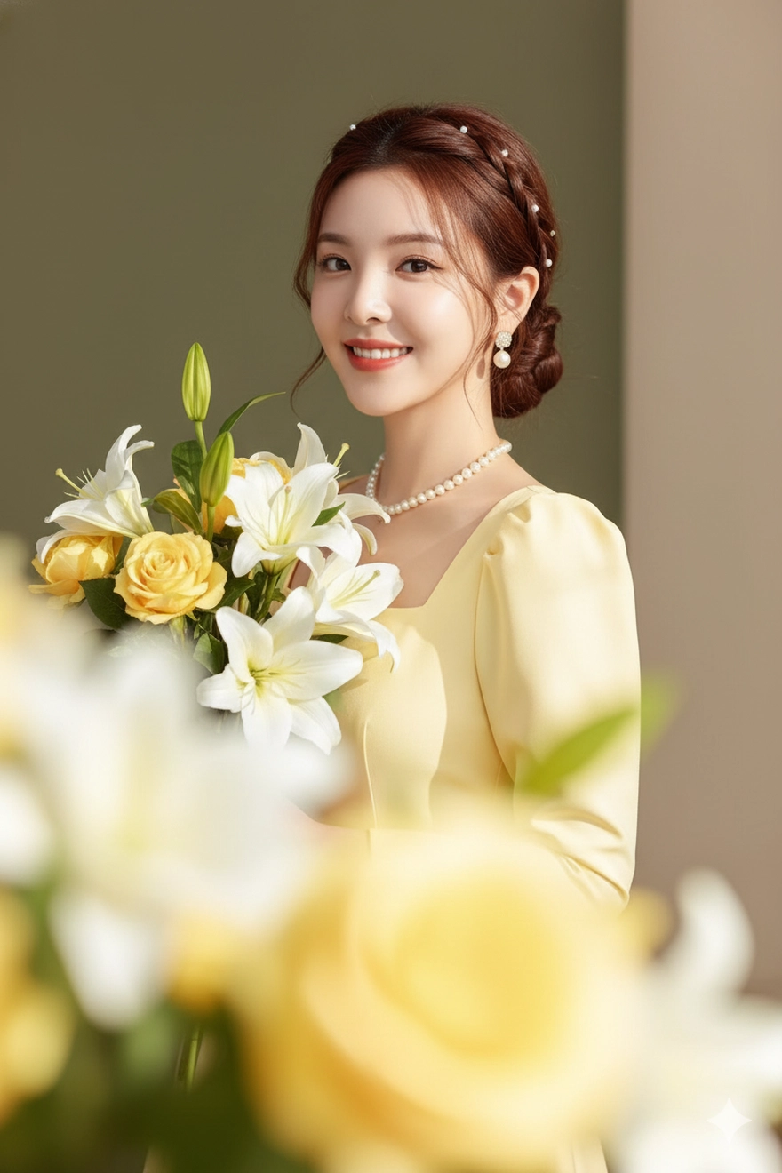 Câu lệnh Gemini tạo ảnh nàng thơ váy vàng đẹp như studio