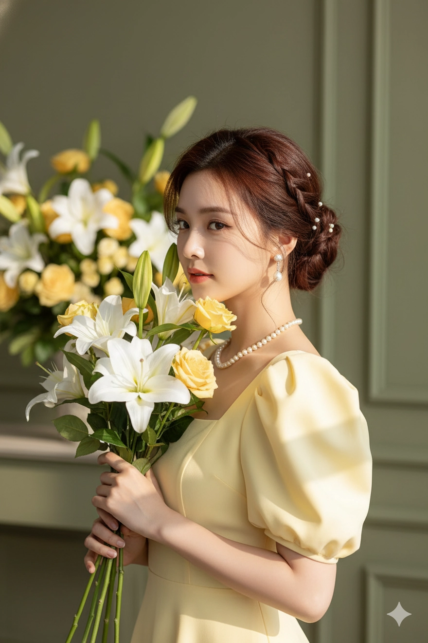 Câu lệnh Gemini tạo ảnh nàng thơ váy vàng đẹp như studio