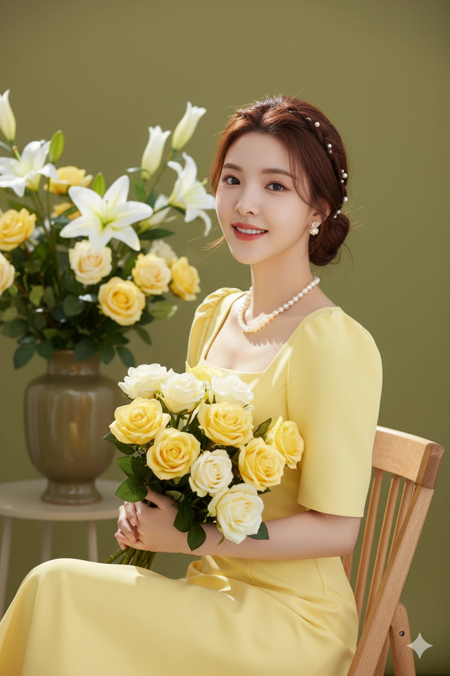 Câu lệnh Gemini tạo ảnh nàng thơ váy vàng đẹp như studio