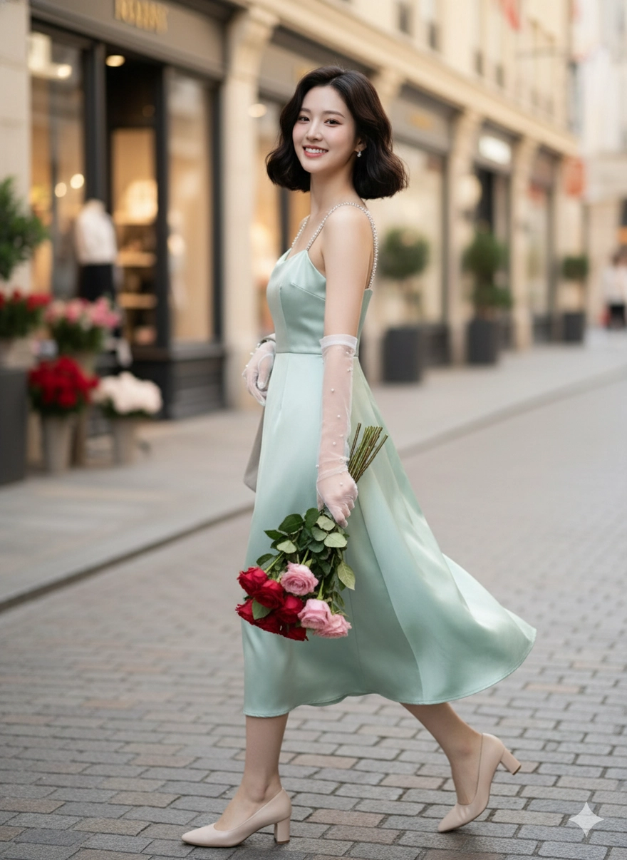 Câu lệnh Gemini tạo ảnh nàng thơ váy lụa view thành phố