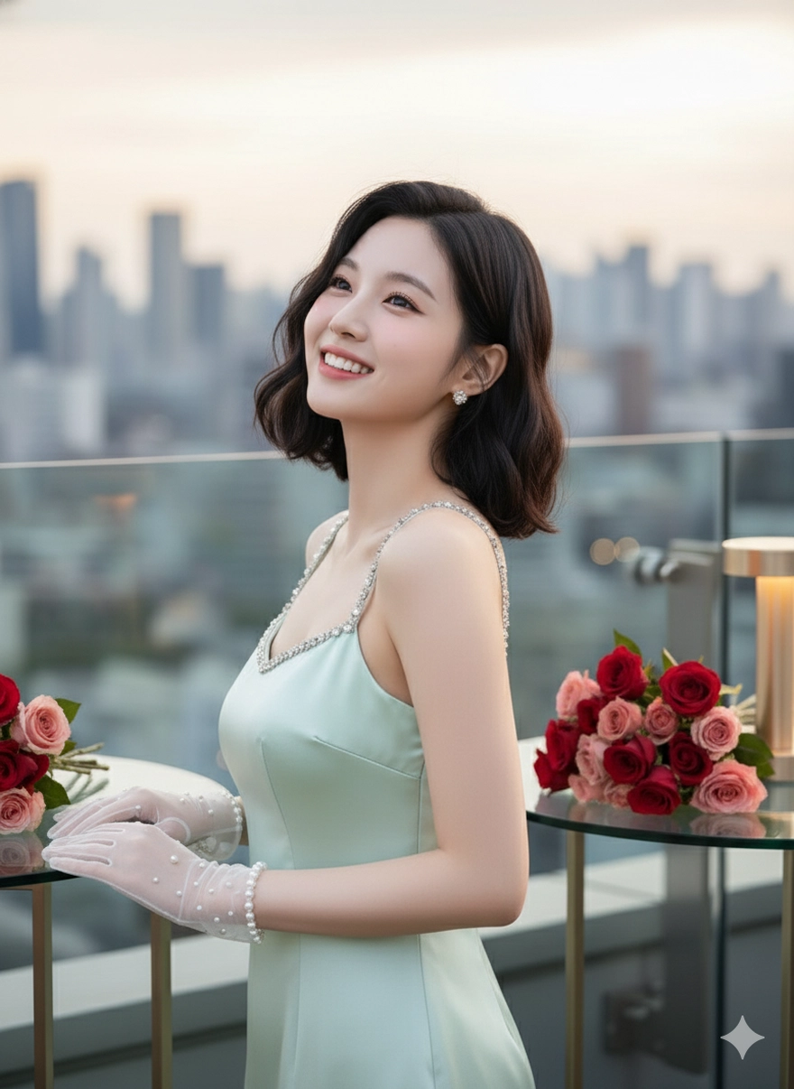 Câu lệnh Gemini tạo ảnh nàng thơ váy lụa view thành phố