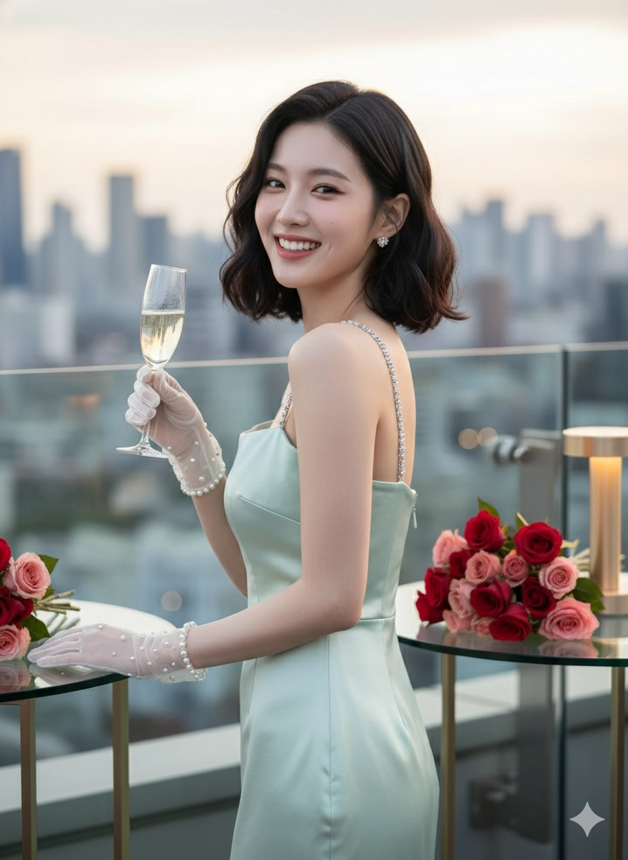 Câu lệnh Gemini tạo ảnh nàng thơ váy lụa view thành phố