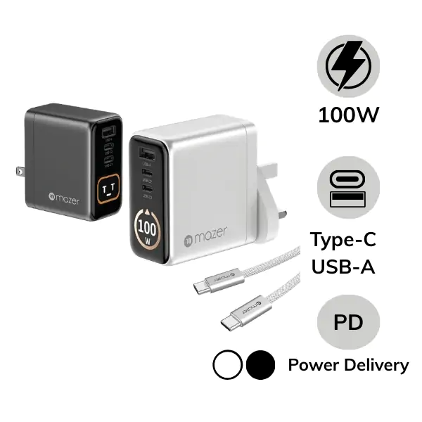 Bộ sạc nhanh Mazer 100W PD kèm cáp Type-C Ai Prestige GaN