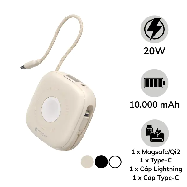 Pin sạc dự phòng Mazer 10.000 mAh 20W Qi2 4in1 MagLink18i tích hợp cáp sạc