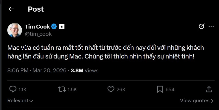 Tim Cook xác nhận: MacBook Neo phá kỷ lục doanh số lịch sử