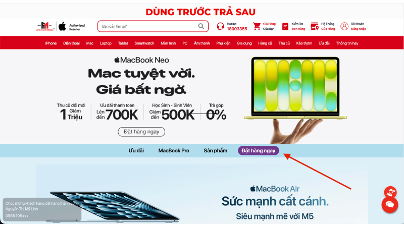 Bước 2 khi đặt hàng MacBook Neo tại Minh Tuấn Mobile