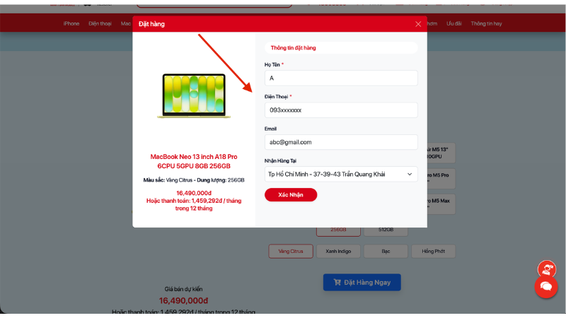 Bước 4 khi đặt hàng MacBook Neo tại Minh Tuấn Mobile