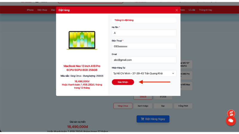 Bước 5 khi đặt hàng MacBook Neo tại Minh Tuấn Mobile