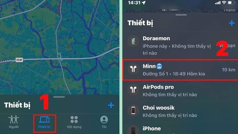 Chọn AirPods cần tìm trong app Find My