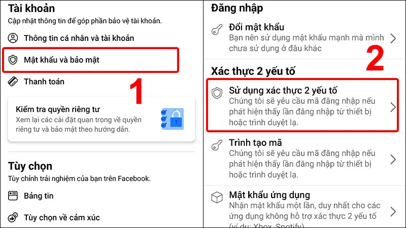 Bật xác thực 2 yếu tố để bảo vệ Facebook