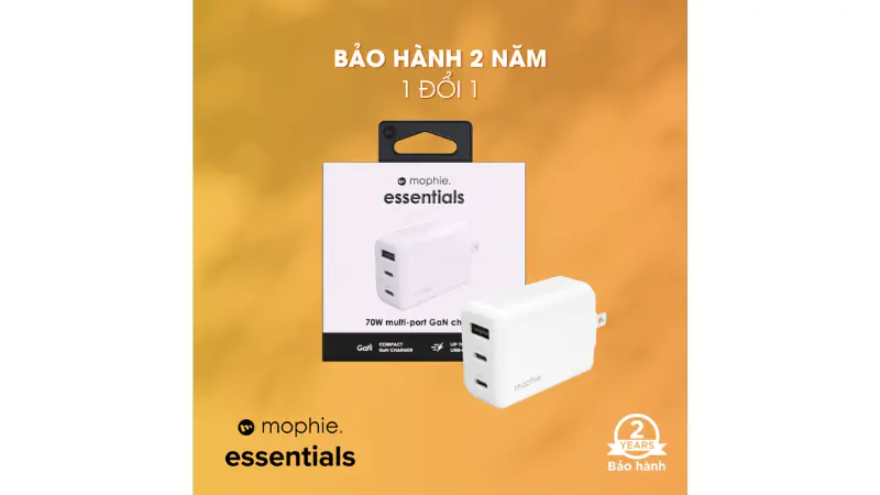Cốc sạc nhanh Mophie 70W Essentials 2C1A GaN