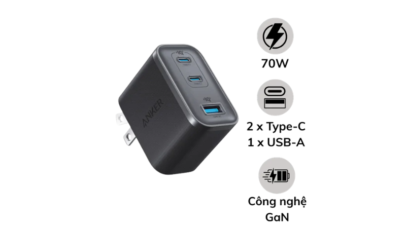 Cốc sạc nhanh Anker 70W Nano 3 cổng 2C1A A121A