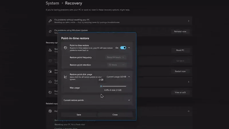 Cách bật tắt Point-in-time Restore trên Windows 11