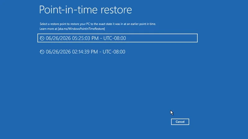 Cách khôi phục Windows 11 bằng Point-in-time Restore