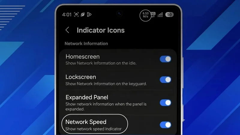 One UI 9 cho phép hiển thị tốc độ mạng trên thanh trạng thái