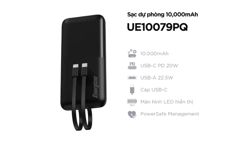 Pin sạc dự phòng Energizer 10.000 mAh 22.5W tích hợp 2 cáp Type-C to Type-C