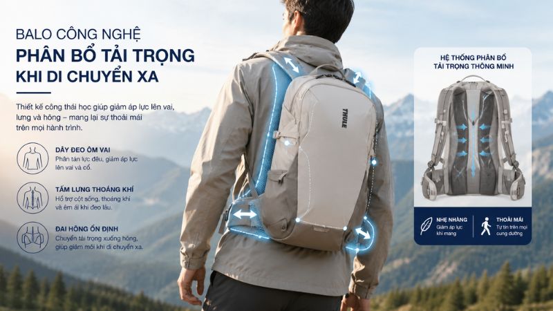 balo công nghệ giúp phân bổ tải trọng khi di chuyển xa