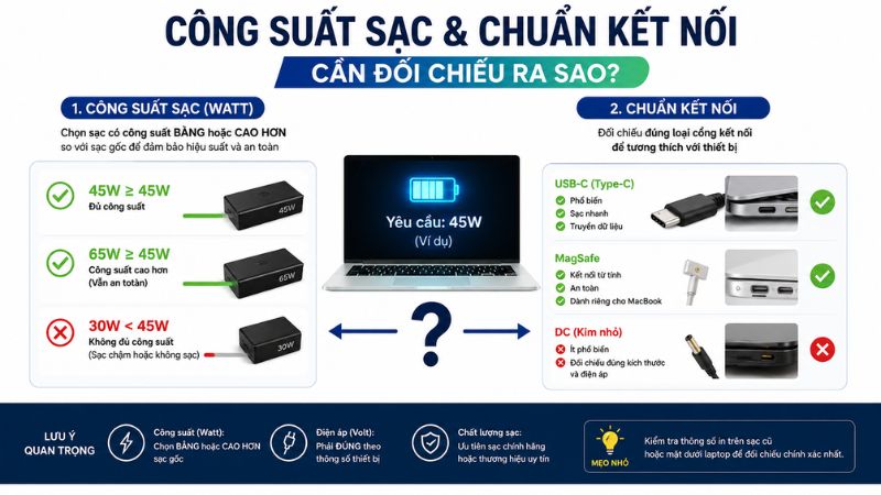Công suất sạc và chuẩn kết nối cần đối chiếu