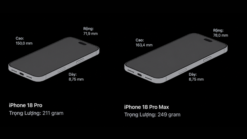 iPhone 18 Pro Max có kích thước và trọng lượng như thế nào