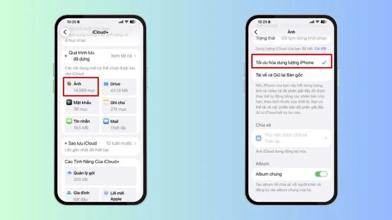 Bật Ảnh iCloud và Tối ưu hóa dung lượng để dùng lưu trữ iPhone lâu hơn