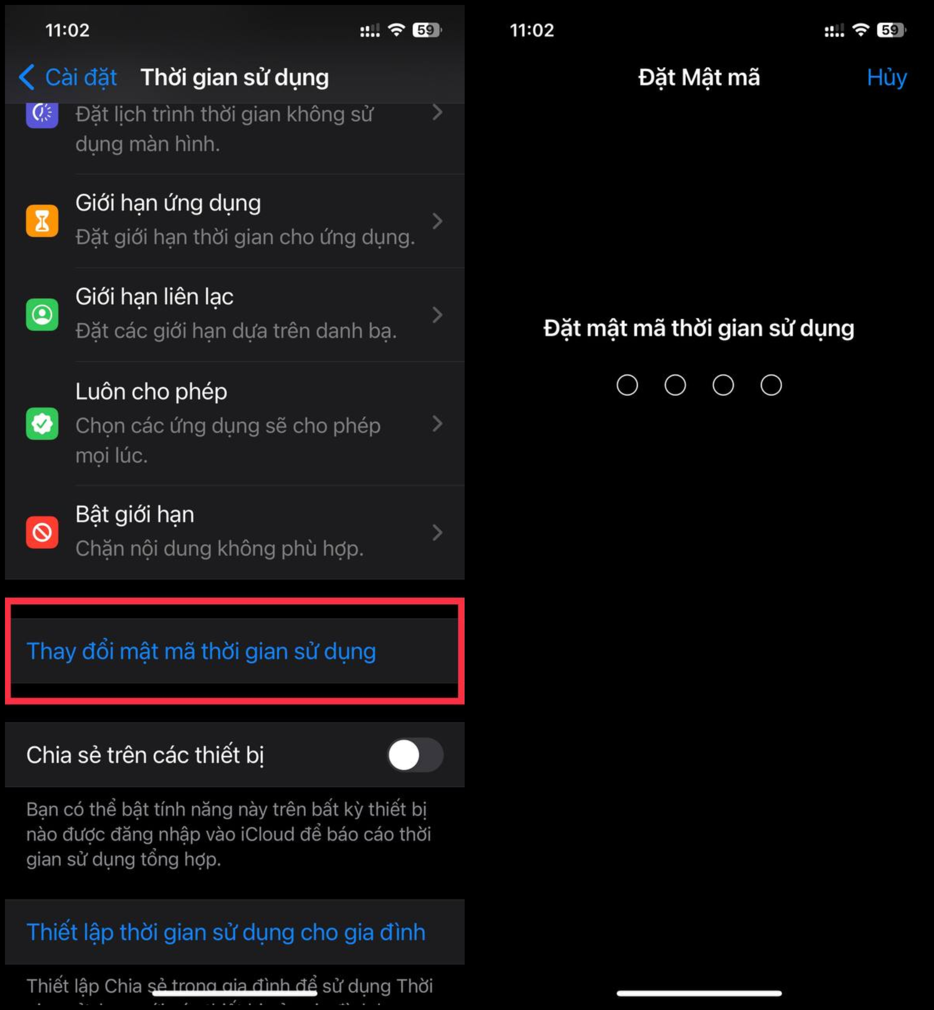 Bật sử dụng mật mã Thời gian sử dụng