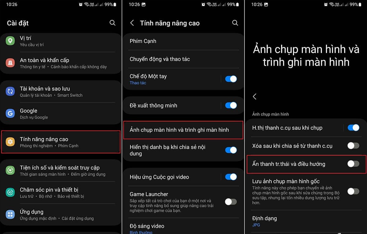 OneUI 5.1:  Ẩn thanh trạng thái và điều hướng khi chụp ảnh màn hình